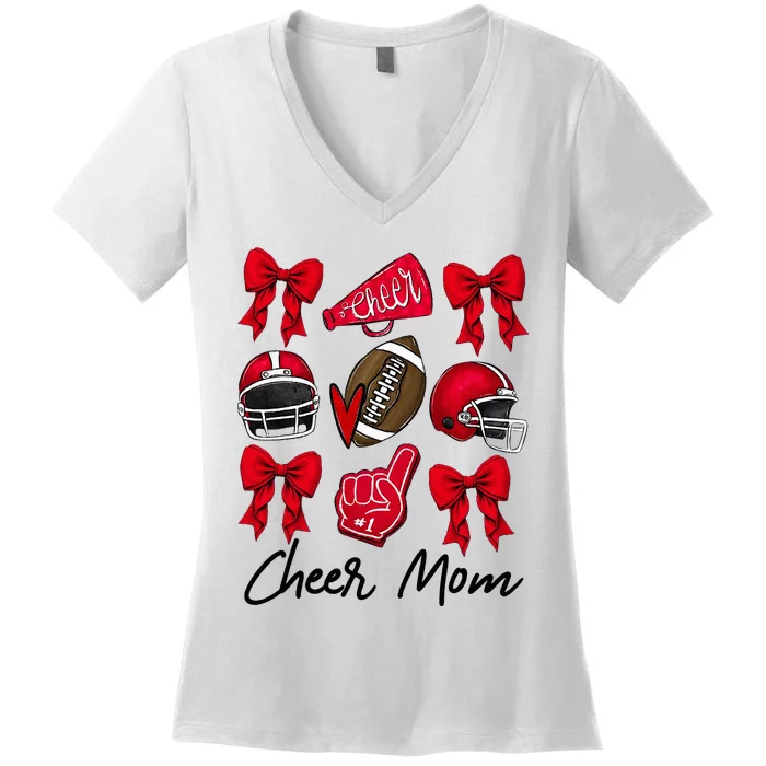 Football Coquette Bow Cheer Mom Red Women's V-Neck T-Shirt