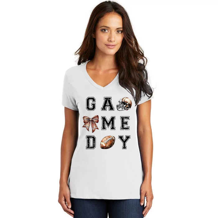 Football Coquette Bow Football Mom Game Day Women's V-Neck T-Shirt