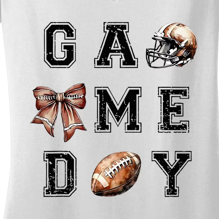 Football Coquette Bow Football Mom Game Day Women's V-Neck T-Shirt