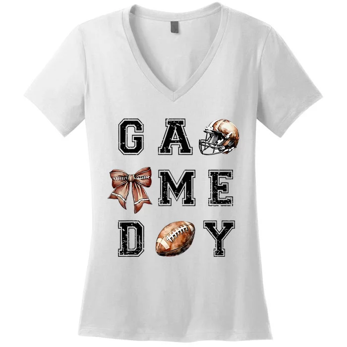 Football Coquette Bow Football Mom Game Day Women's V-Neck T-Shirt