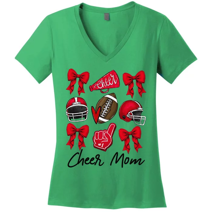 Football Coquette Bow Cheer Mom Red Gift Women's V-Neck T-Shirt