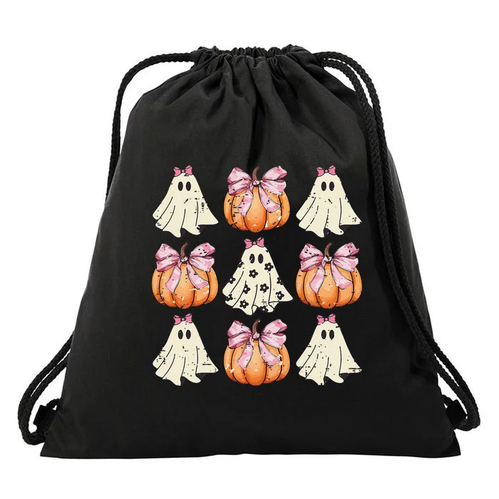 Funny Coquette Bow Pumpkin Halloween Ghost Spooky Season Drawstring Bag