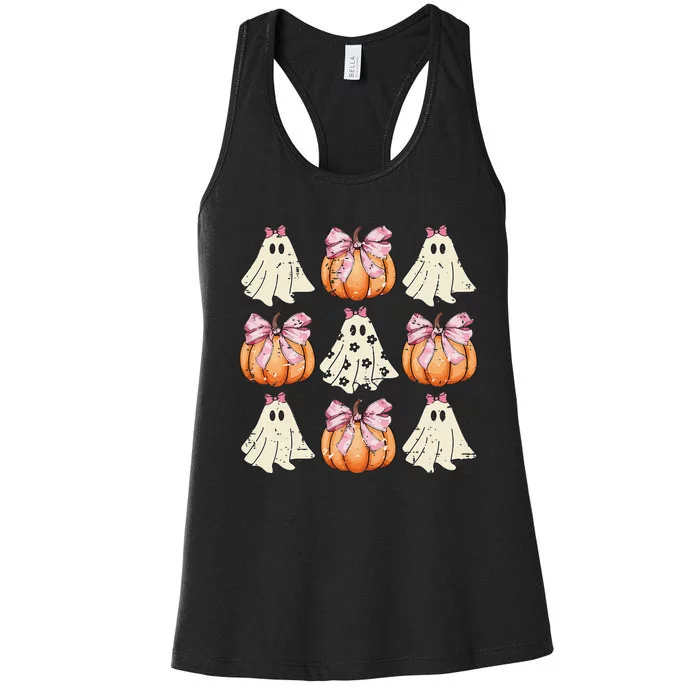 Funny Coquette Bow Pumpkin Halloween Ghost Spooky Season Women's Racerback Tank