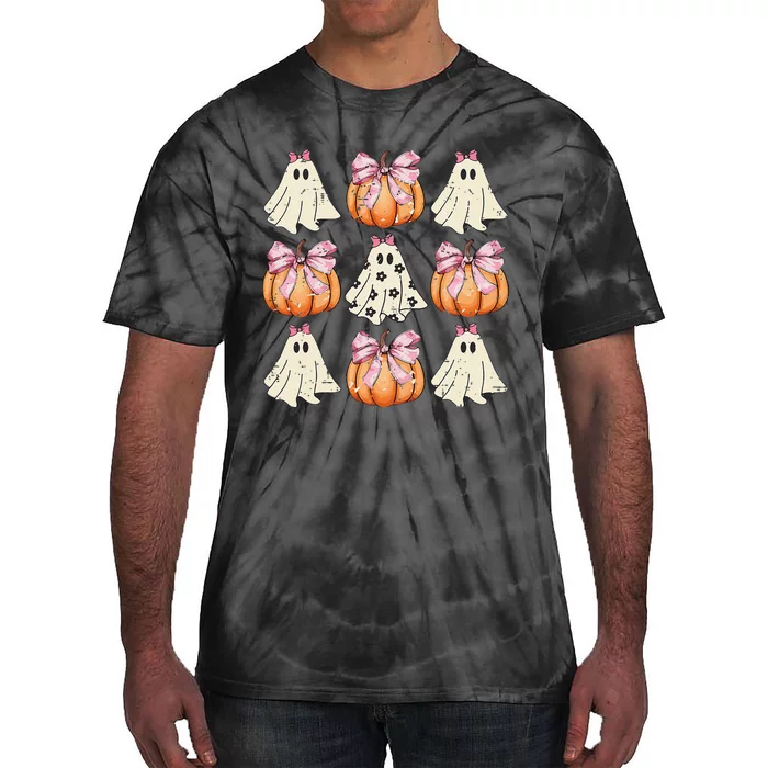 Funny Coquette Bow Pumpkin Halloween Ghost Spooky Season Tie-Dye T-Shirt