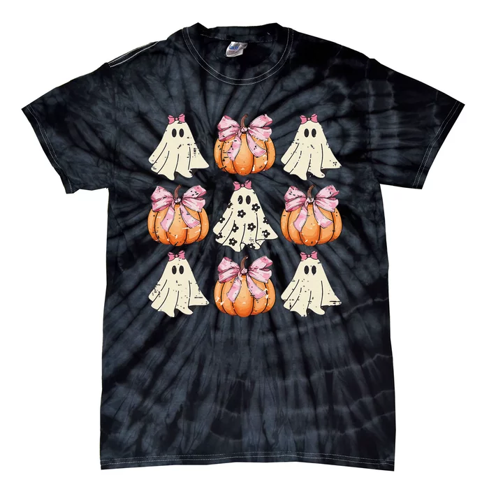 Funny Coquette Bow Pumpkin Halloween Ghost Spooky Season Tie-Dye T-Shirt