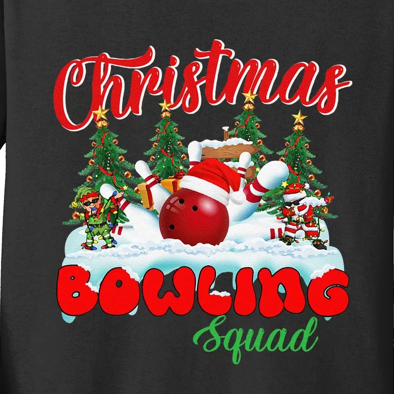 Funny Christmas Bowling Squad Dabbing Santa Elf Kids Long Sleeve Shirt