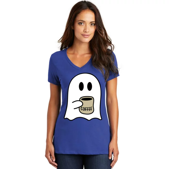 Funny Cute Boo Ghost Coffee Halloween Costume Spooky Season Gift Women's V-Neck T-Shirt