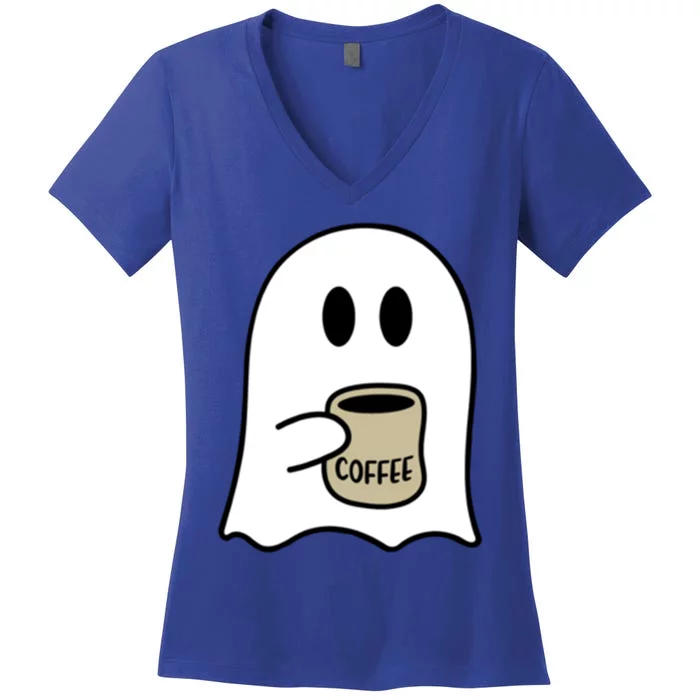 Funny Cute Boo Ghost Coffee Halloween Costume Spooky Season Gift Women's V-Neck T-Shirt