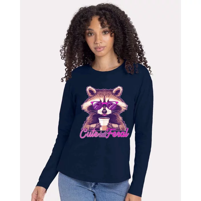 Funny Cute But Feral Coffee Raccoon Womens Cotton Relaxed Long Sleeve T-Shirt