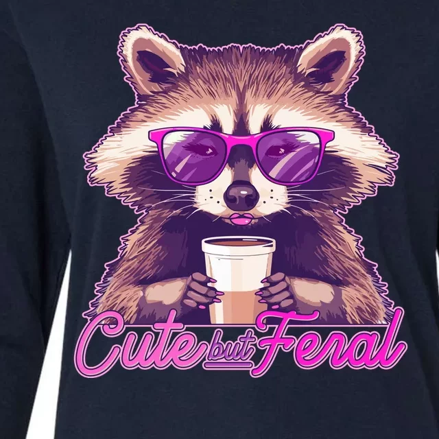 Funny Cute But Feral Coffee Raccoon Womens Cotton Relaxed Long Sleeve T-Shirt