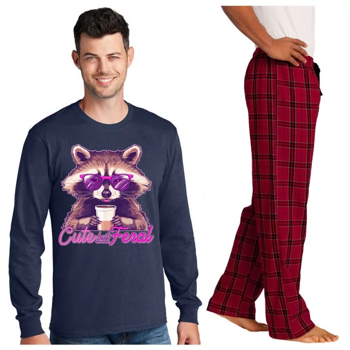 Funny Cute But Feral Coffee Raccoon Long Sleeve Pajama Set