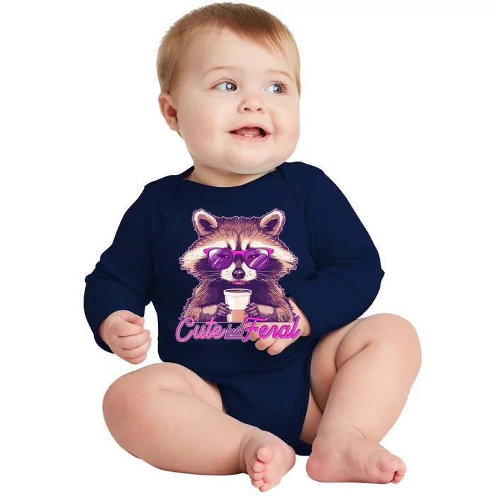 Funny Cute But Feral Coffee Raccoon Baby Long Sleeve Bodysuit