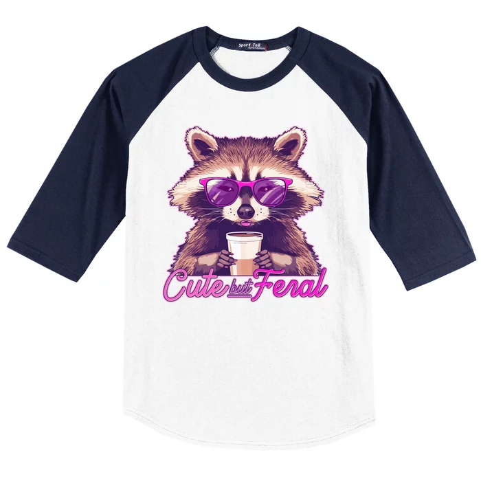 Funny Cute But Feral Coffee Raccoon Baseball Sleeve Shirt