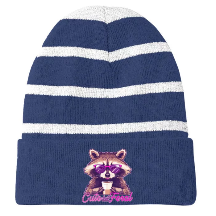 Funny Cute But Feral Coffee Raccoon Striped Beanie with Solid Band