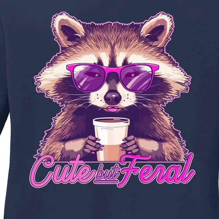 Funny Cute But Feral Coffee Raccoon Ladies Long Sleeve Shirt