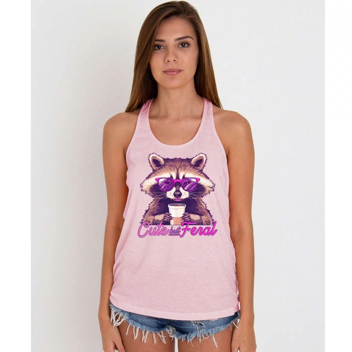 Funny Cute But Feral Coffee Raccoon Women's Knotted Racerback Tank