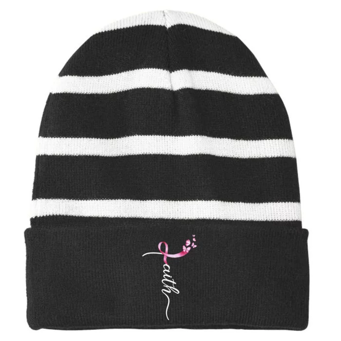 Faith Cross Breast Cancer Awareness Ribbon Christian Warrior Striped Beanie with Solid Band