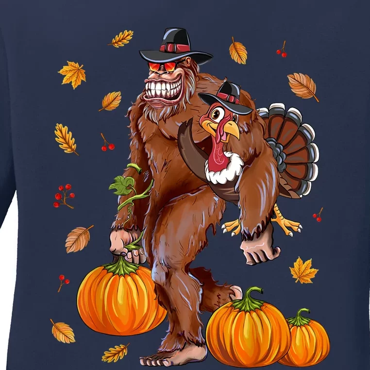 Funny Cute Bigfoot Sasquatch Turkey Pumpkin Happy Thanksgiving Day Ladies Long Sleeve Shirt