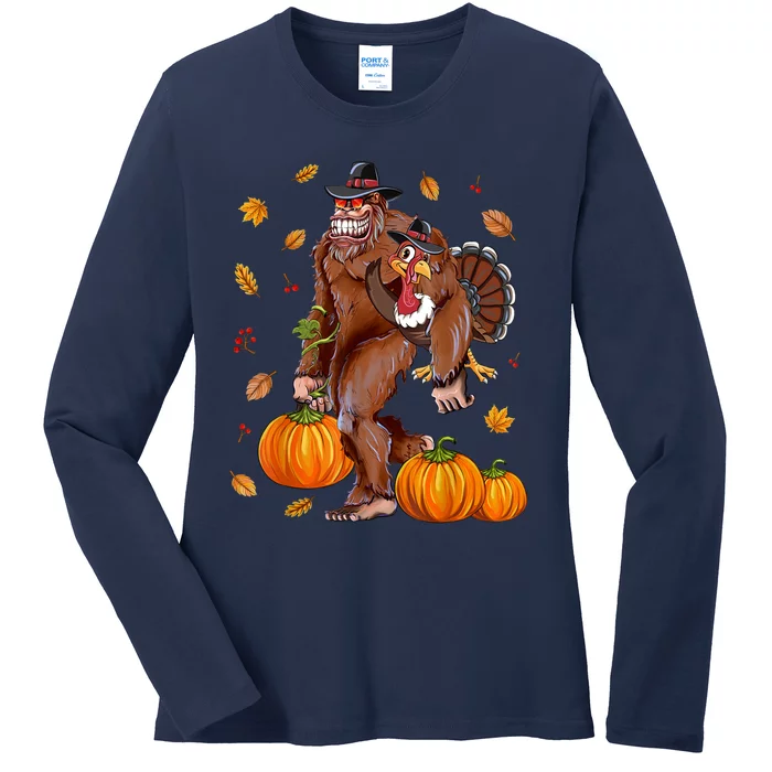 Funny Cute Bigfoot Sasquatch Turkey Pumpkin Happy Thanksgiving Day Ladies Long Sleeve Shirt