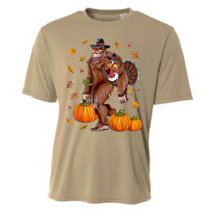 Funny Cute Bigfoot Sasquatch Turkey Pumpkin Happy Thanksgiving Day Cooling Performance Crew T-Shirt