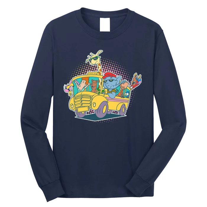 Funny Cool Back to School Animals School Bus Long Sleeve Shirt