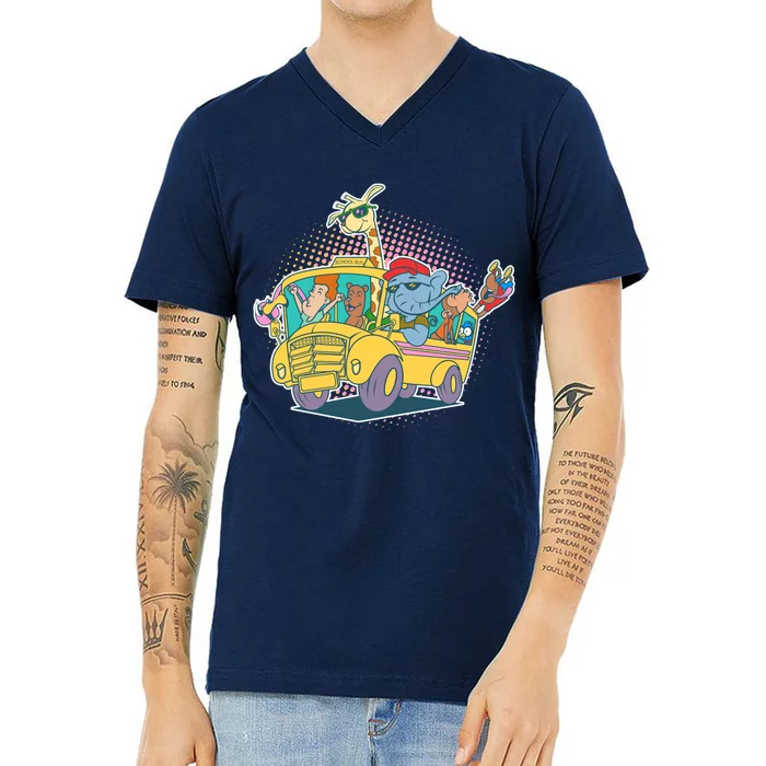 Funny Cool Back to School Animals School Bus V-Neck T-Shirt