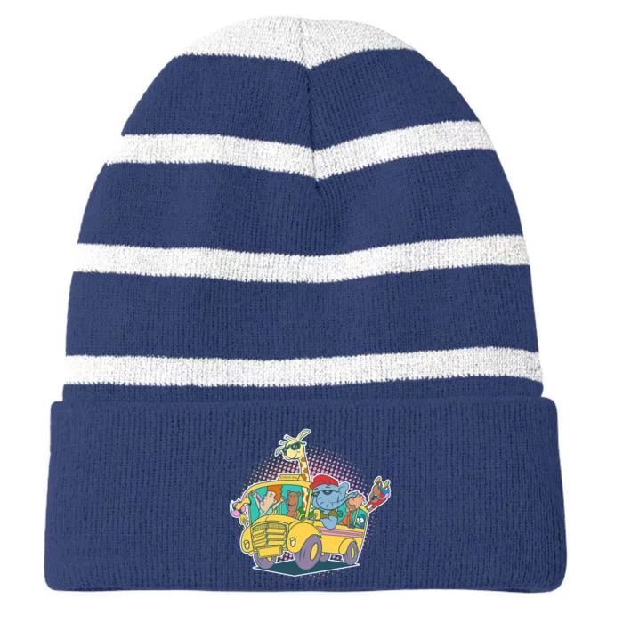 Funny Cool Back to School Animals School Bus Striped Beanie with Solid Band