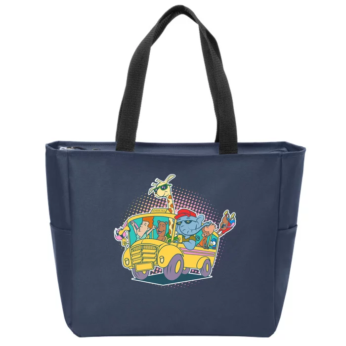 Funny Cool Back to School Animals School Bus Zip Tote Bag