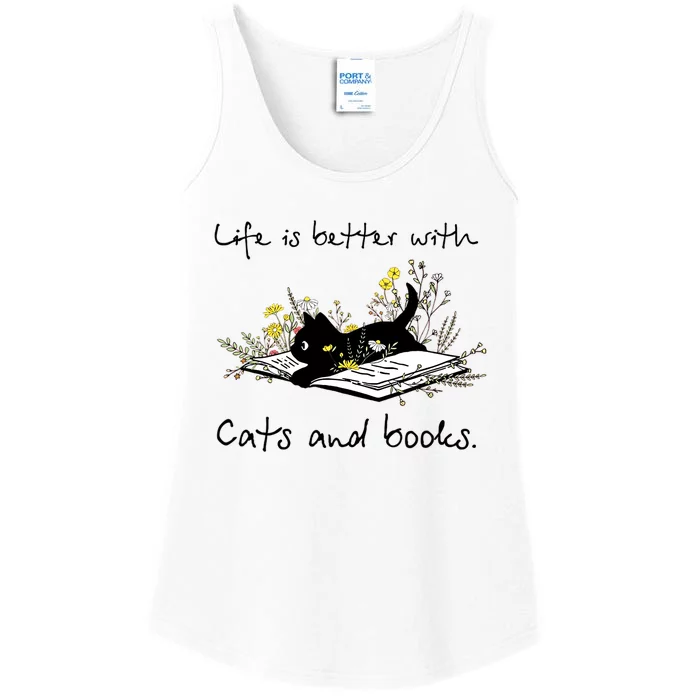 Funny Cat Book Life Is Better With Cats And Books Ladies Essential Tank