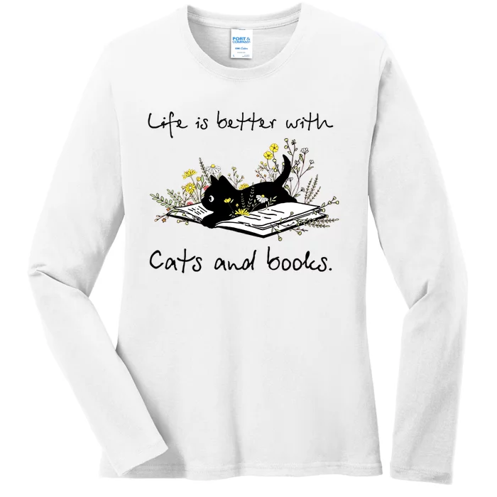 Funny Cat Book Life Is Better With Cats And Books Ladies Long Sleeve Shirt