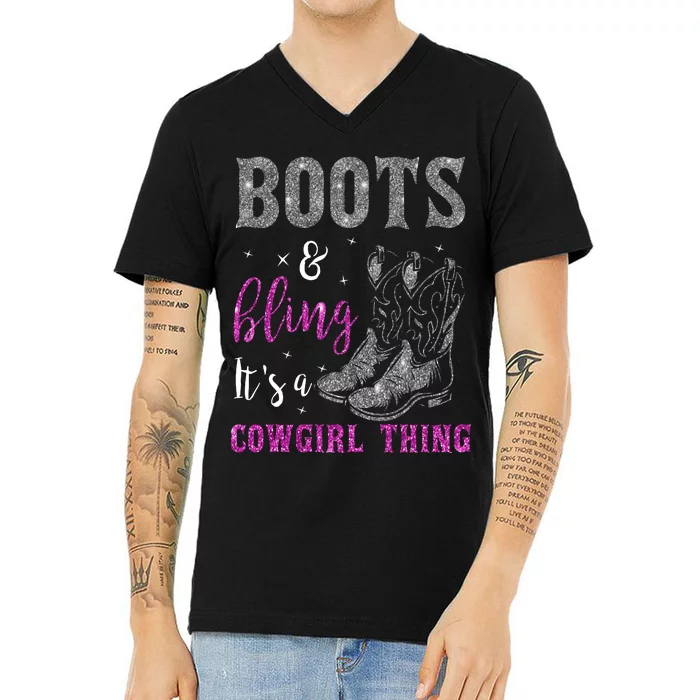 Funny Cowgirl Boots Bling Western Horse Lovers Cute Love Country Life V-Neck T-Shirt