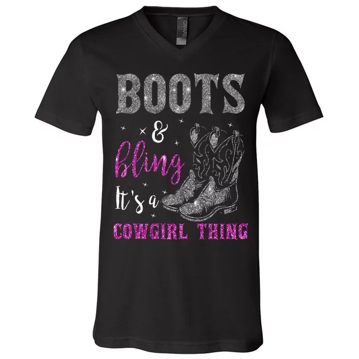 Funny Cowgirl Boots Bling Western Horse Lovers Cute Love Country Life V-Neck T-Shirt