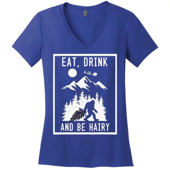 Funny Christmas Bigfoot Sasquatch Eat And Be Merry Hairy Women's V-Neck T-Shirt