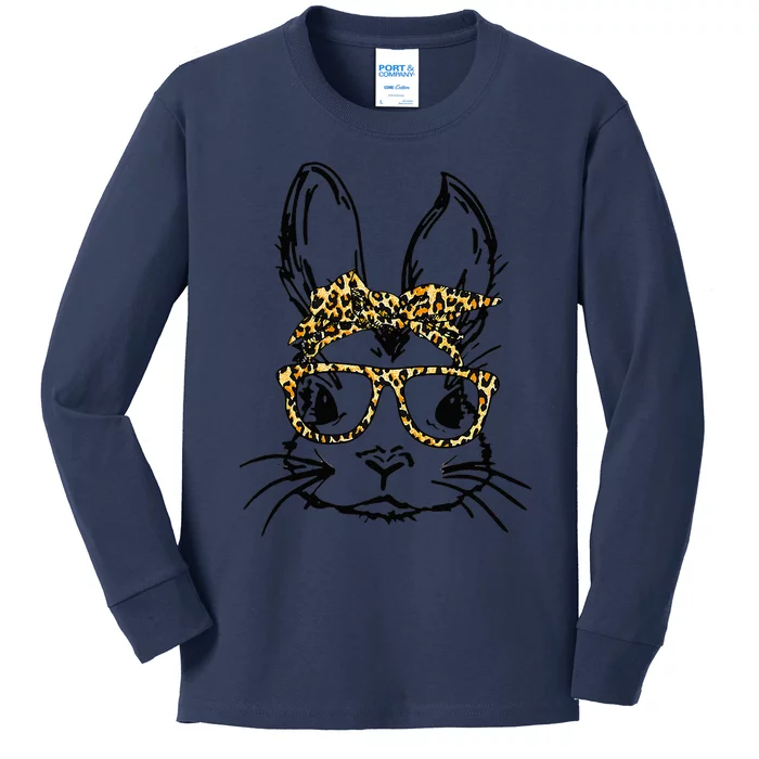 Funny Cute Bunny Wearing Glasses Leopard Easter Day Kids Long Sleeve Shirt