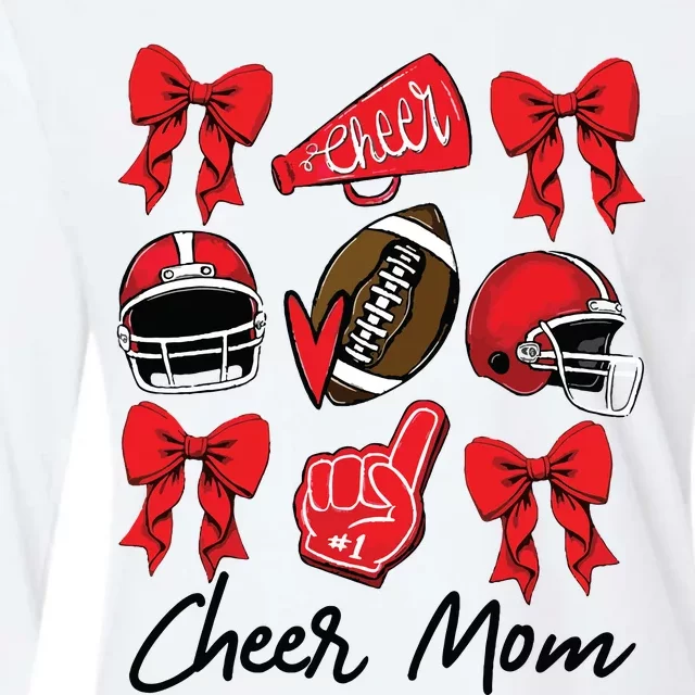 Football Coquette Bow Cheer Mom Red Womens Cotton Relaxed Long Sleeve T-Shirt