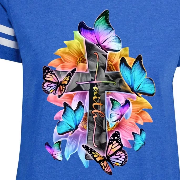 Faith Cross Butterfly With Flowers Enza Ladies Jersey Football T-Shirt