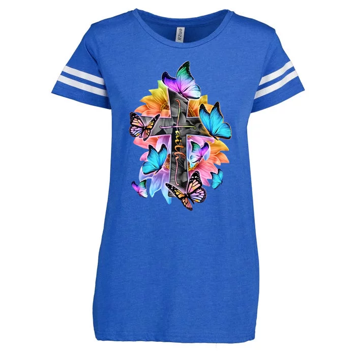 Faith Cross Butterfly With Flowers Enza Ladies Jersey Football T-Shirt