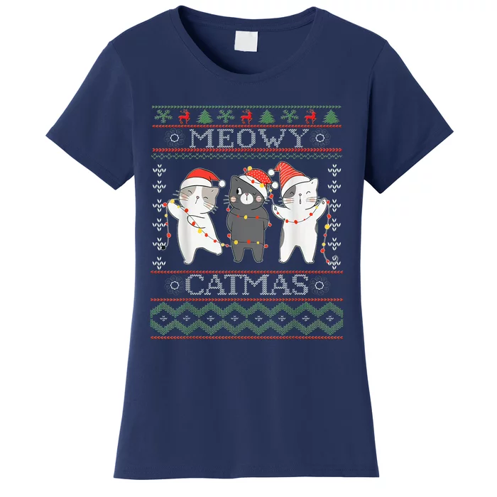 Funny Christmas Cat Matching Family Pajamas Meowy Catmas Women's T-Shirt