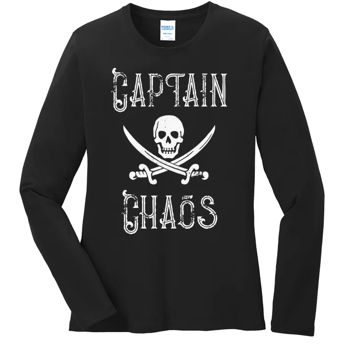 Funny Captain Chaos Retro Pirate Pontoon Boating Ladies Long Sleeve Shirt