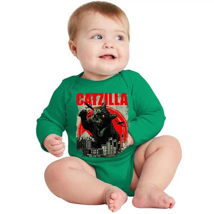 Funny Cat Catzilla Baby Long Sleeve Bodysuit