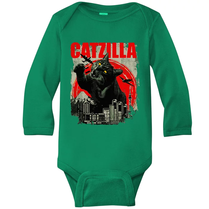 Funny Cat Catzilla Baby Long Sleeve Bodysuit