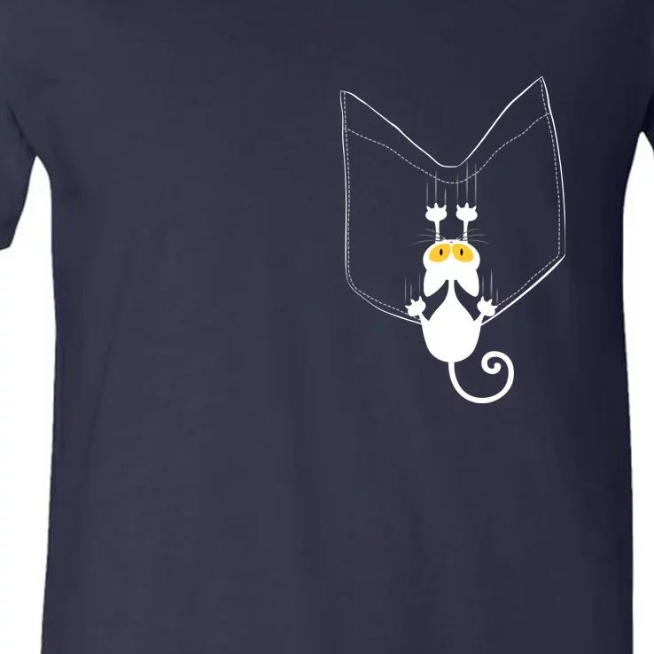 Funny Cute Cat Hanging From Pocket V-Neck T-Shirt