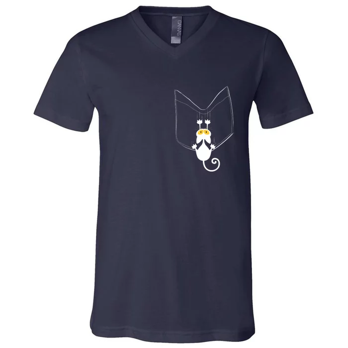 Funny Cute Cat Hanging From Pocket V-Neck T-Shirt