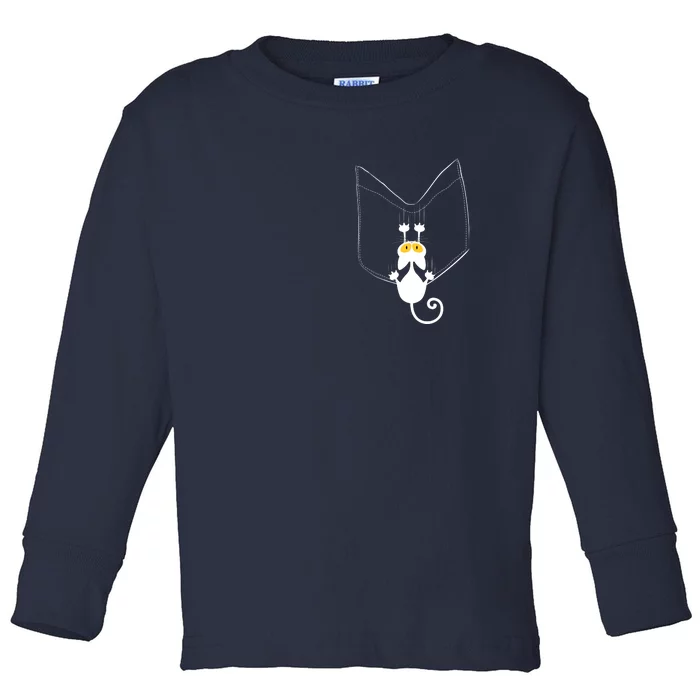 Funny Cute Cat Hanging From Pocket Toddler Long Sleeve Shirt