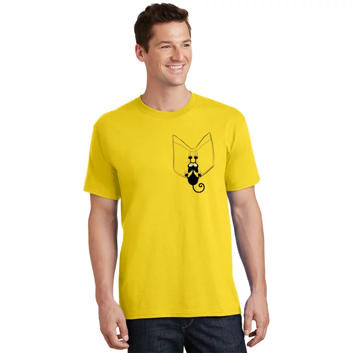 Funny Cute Cat Hanging From Pocket T-Shirt