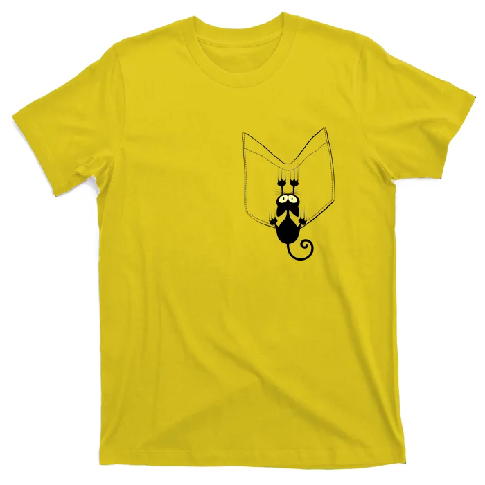 Funny Cute Cat Hanging From Pocket T-Shirt