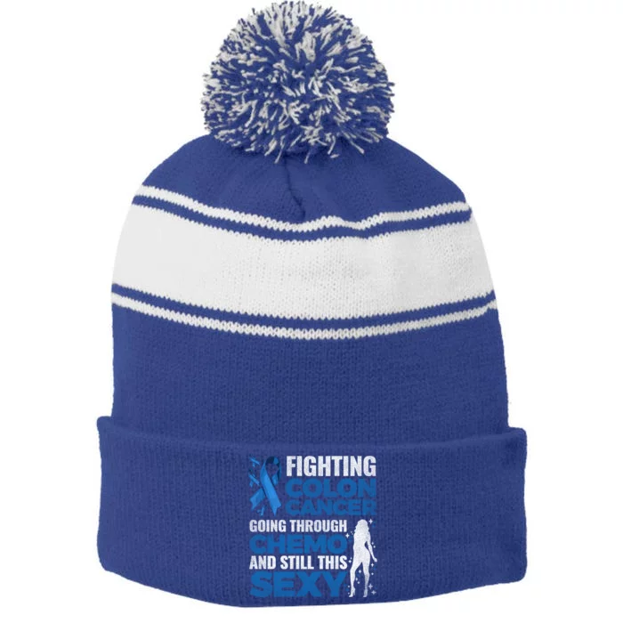 Fun Colon Cancer Awareness Colonoscopy Warrior Survivor Gift Cool Gift Stripe Pom Pom Beanie