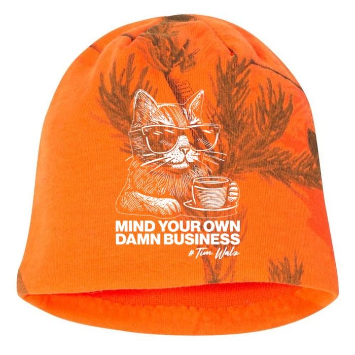 Funny Coffee Cat Mind Your Own Damn Business #Tim Walz 2024 Election Kati - Camo Knit Beanie