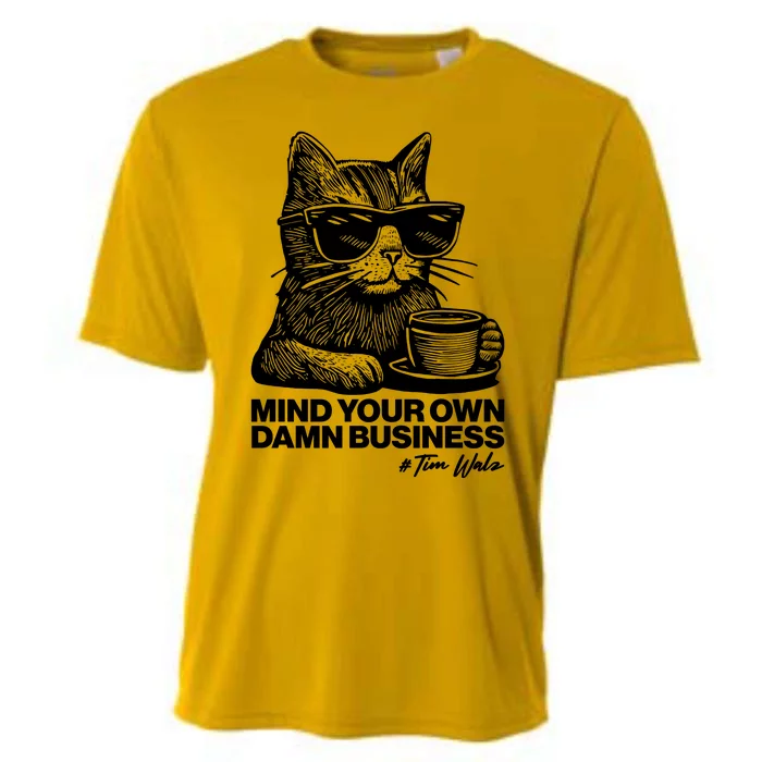 Funny Coffee Cat Mind Your Own Damn Business #Tim Walz 2024 Election Cooling Performance Crew T-Shirt