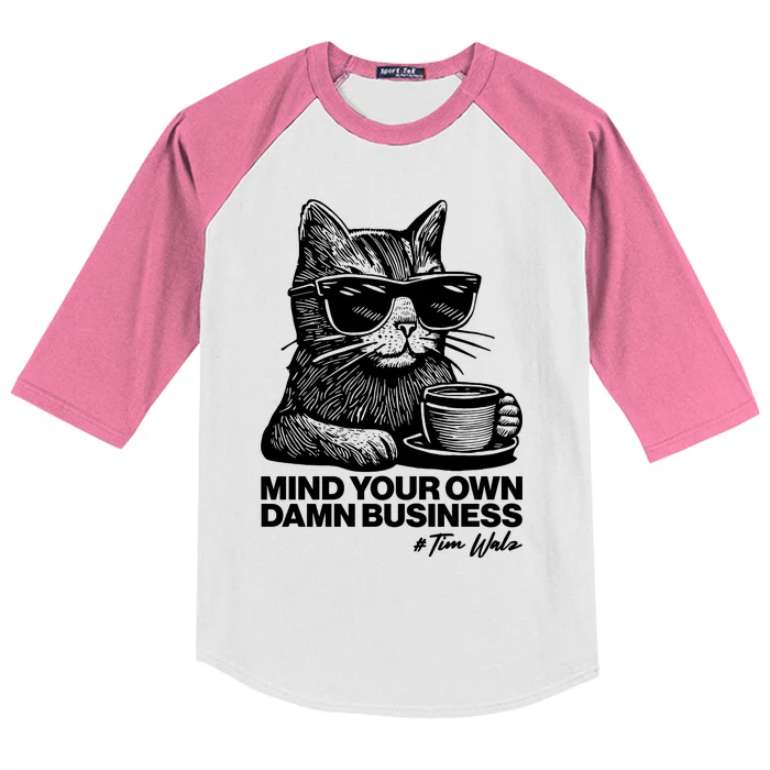 Funny Coffee Cat Mind Your Own Damn Business #Tim Walz 2024 Election Kids Colorblock Raglan Jersey